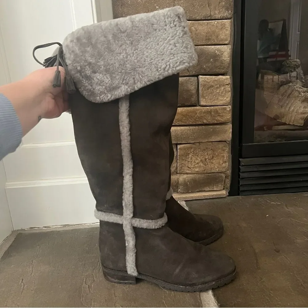 Frye Women's Tamara 7.5 Gray Genuine Shearling Suede Over The Knee Snow Boots